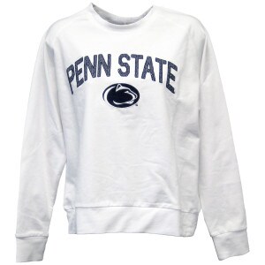 women's white crew neck sweatshirt with embroidered Penn State above Athletic Logo